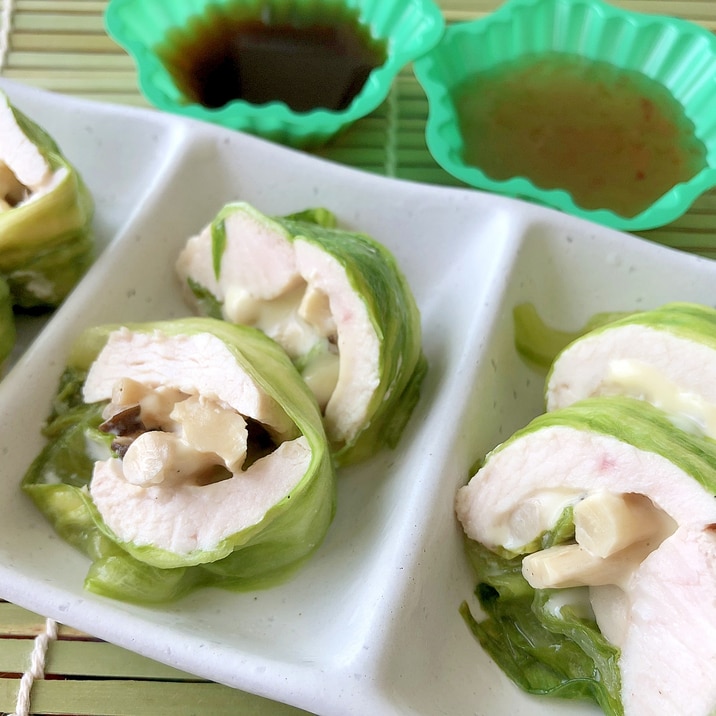 レンジで簡単。鶏むね肉とレタスのロール蒸し